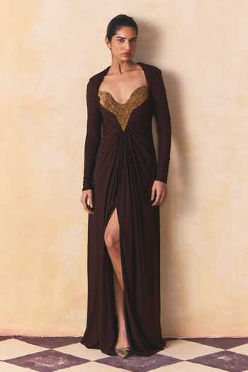 Buy Zwaan Gold Jersey Embroidery Sweetheart Neck Marcella Pita Gown Online at Aza Fashions Buy_Zwaan_Gold Jersey Embroidery Sweetheart Neck Marcella Pita Gown _Online_at_Aza_Fashions