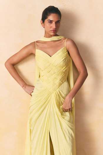 Zwaan Yellow Silk Sweetheart Neck Anya Weaved Corset Gown Online at Aza Fashions Zwaan_Yellow Silk Sweetheart Neck Anya Weaved Corset Gown _Online_at_Aza_Fashions