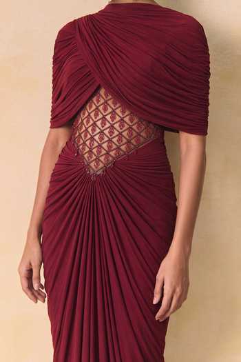 Zwaan Burgundy Jersey Beads, Stones High Neck Thea Draped Embellished Gown Online at Aza Fashions Zwaan_Burgundy Jersey Beads, Stones High Neck Thea Draped Embellished Gown _Online_at_Aza_Fashions