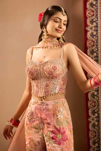 Buy Samyukta Singhania Pink Georgette Sweetheart Neck Hand Embroidered Blouse Sharara Set Online at Aza Fashions Buy_Samyukta Singhania_Pink Georgette Sweetheart Neck Hand Embroidered Blouse Sharara Set _Online_at_Aza_Fashions