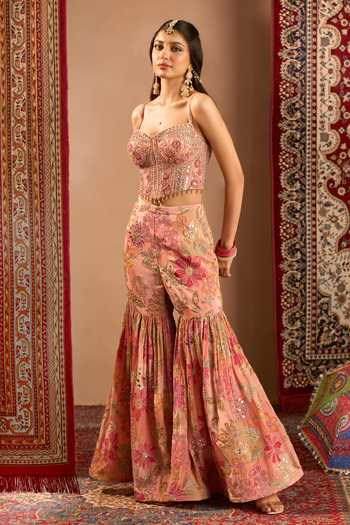 Shop Samyukta Singhania Pink Georgette Sweetheart Neck Hand Embroidered Blouse Sharara Set Shop_Samyukta Singhania_Pink Georgette Sweetheart Neck Hand Embroidered Blouse Sharara Set