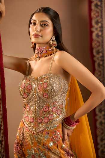 Samyukta Singhania_Orange Georgette Sweetheart Neck Hand Embroidered Blouse Sharara Set _at_Aza_Fashions