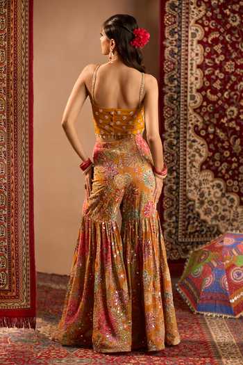 Samyukta Singhania_Orange Georgette Sweetheart Neck Hand Embroidered Blouse Sharara Set _Online_at_Aza_Fashions