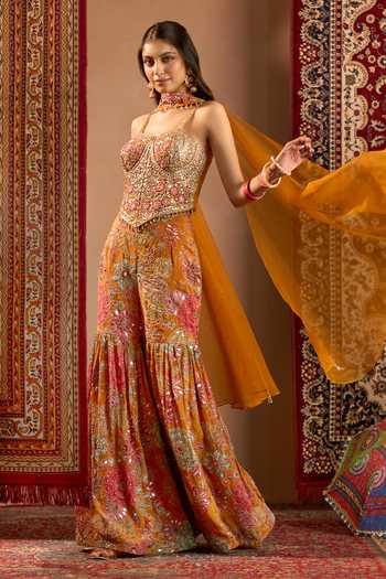 Buy_Samyukta Singhania_Orange Georgette Sweetheart Neck Hand Embroidered Blouse Sharara Set 