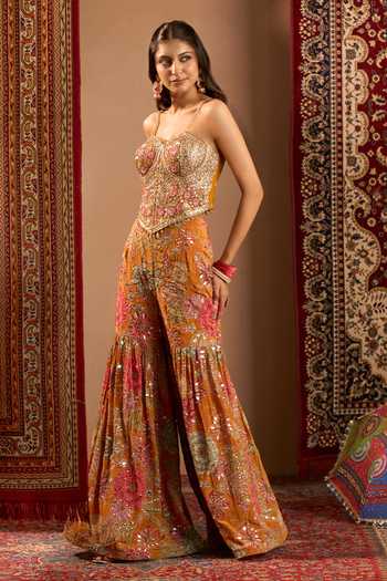 Shop_Samyukta Singhania_Orange Georgette Sweetheart Neck Hand Embroidered Blouse Sharara Set 