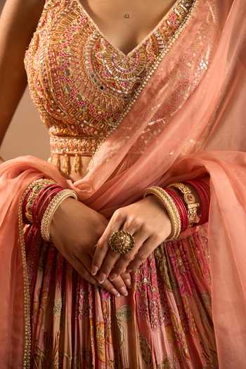 Shop Samyukta Singhania Peach Georgette V-neck Floral Print And Embroidered Lehenga Set Online at Aza Fashions Shop_Samyukta Singhania_Peach Georgette V-neck Floral Print And Embroidered Lehenga Set _Online_at_Aza_Fashions