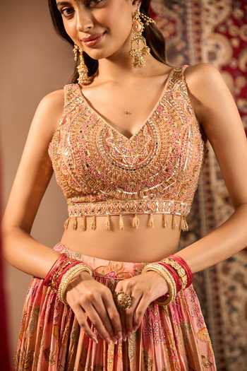 Samyukta Singhania Peach Georgette V-neck Floral Print And Embroidered Lehenga Set at Aza Fashions Samyukta Singhania_Peach Georgette V-neck Floral Print And Embroidered Lehenga Set _at_Aza_Fashions