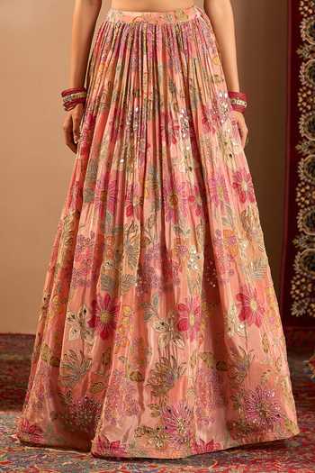 Buy Samyukta Singhania Peach Georgette V-neck Floral Print And Embroidered Lehenga Set Buy_Samyukta Singhania_Peach Georgette V-neck Floral Print And Embroidered Lehenga Set