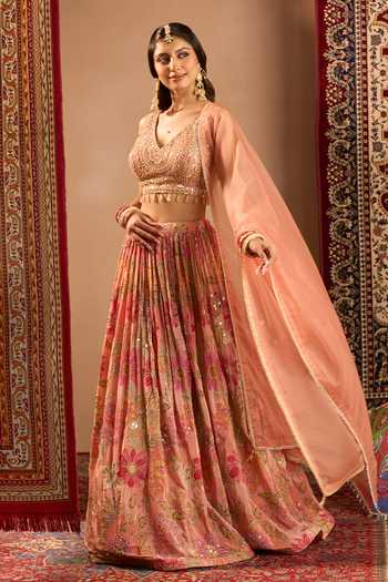 Shop Samyukta Singhania Peach Georgette V-neck Floral Print And Embroidered Lehenga Set Shop_Samyukta Singhania_Peach Georgette V-neck Floral Print And Embroidered Lehenga Set