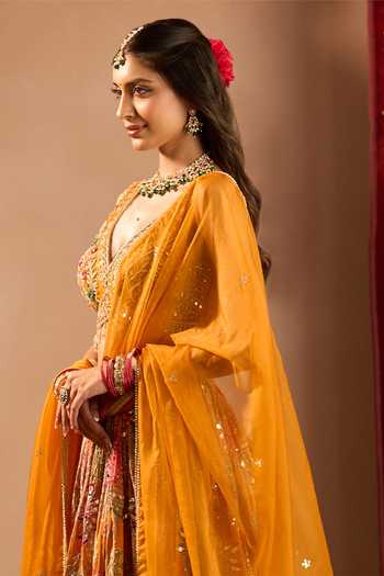 Buy_Samyukta Singhania_Orange Georgette V-neck Floral Print And Embroidered Lehenga Set _Online_at_Aza_Fashions