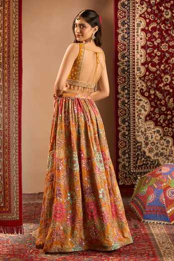 Samyukta Singhania_Orange Georgette V-neck Floral Print And Embroidered Lehenga Set _Online_at_Aza_Fashions