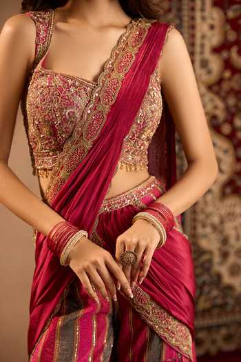 Shop Samyukta Singhania Magenta Crepe Square Neck Printed Pre-draped Sharara Saree With Blouse Online at Aza Fashions Shop_Samyukta Singhania_Magenta Crepe Square Neck Printed Pre-draped Sharara Saree With Blouse _Online_at_Aza_Fashions