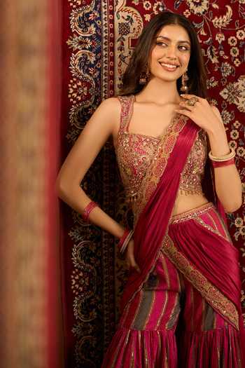 Buy Samyukta Singhania Magenta Crepe Square Neck Printed Pre-draped Sharara Saree With Blouse Buy_Samyukta Singhania_Magenta Crepe Square Neck Printed Pre-draped Sharara Saree With Blouse
