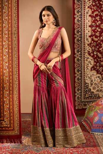 Samyukta Singhania Printed Pre-Draped Sharara Saree With Blouse 