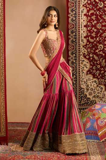 Shop Samyukta Singhania Magenta Crepe Square Neck Printed Pre-draped Sharara Saree With Blouse Shop_Samyukta Singhania_Magenta Crepe Square Neck Printed Pre-draped Sharara Saree With Blouse