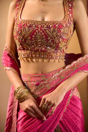 Buy Samyukta Singhania Pink Crepe Square Neck Printed Pre-draped Sharara Saree With Blouse Online at Aza Fashions Buy_Samyukta Singhania_Pink Crepe Square Neck Printed Pre-draped Sharara Saree With Blouse _Online_at_Aza_Fashions