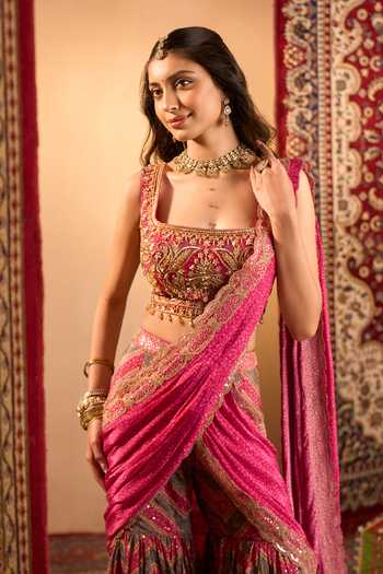 Samyukta Singhania Pink Crepe Square Neck Printed Pre-draped Sharara Saree With Blouse at Aza Fashions Samyukta Singhania_Pink Crepe Square Neck Printed Pre-draped Sharara Saree With Blouse _at_Aza_Fashions