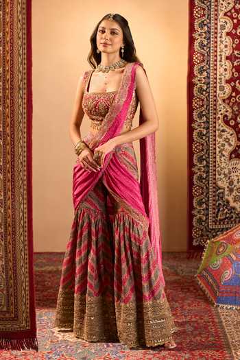 Buy Samyukta Singhania Pink Crepe Square Neck Printed Pre-draped Sharara Saree With Blouse Buy_Samyukta Singhania_Pink Crepe Square Neck Printed Pre-draped Sharara Saree With Blouse