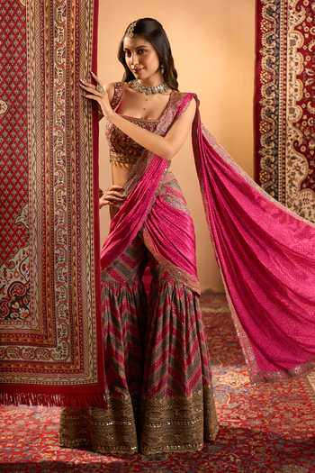 Shop Samyukta Singhania Pink Crepe Square Neck Printed Pre-draped Sharara Saree With Blouse Shop_Samyukta Singhania_Pink Crepe Square Neck Printed Pre-draped Sharara Saree With Blouse