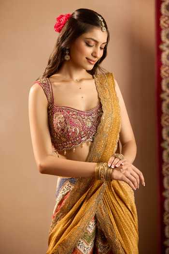 Buy Samyukta Singhania Multi Color Crepe Sweetheart Neck Printed Pre-draped Sharara Saree With Blouse Online at Aza Fashions Buy_Samyukta Singhania_Multi Color Crepe Sweetheart Neck Printed Pre-draped Sharara Saree With Blouse _Online_at_Aza_Fashions