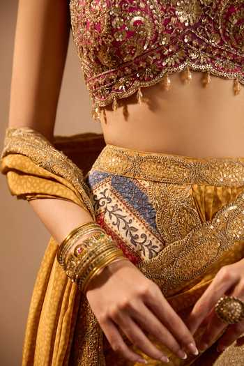 Samyukta Singhania Multi Color Crepe Sweetheart Neck Printed Pre-draped Sharara Saree With Blouse at Aza Fashions Samyukta Singhania_Multi Color Crepe Sweetheart Neck Printed Pre-draped Sharara Saree With Blouse _at_Aza_Fashions
