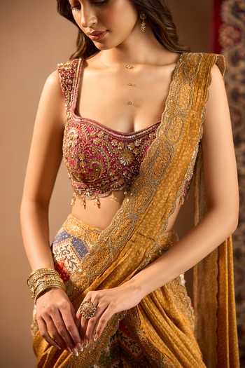 Buy Samyukta Singhania Multi Color Crepe Sweetheart Neck Printed Pre-draped Sharara Saree With Blouse Buy_Samyukta Singhania_Multi Color Crepe Sweetheart Neck Printed Pre-draped Sharara Saree With Blouse