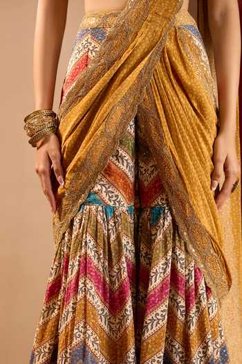 Shop Samyukta Singhania Multicolor Crepe Sweetheart Neck Printed Pre-draped Sharara Saree With Blouse Shop_Samyukta Singhania_Multicolor Crepe Sweetheart Neck Printed Pre-draped Sharara Saree With Blouse