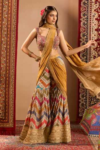Samyukta Singhania Printed Pre-Draped Sharara Saree With Blouse 