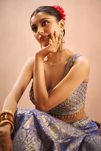 Buy Samyukta Singhania Blue Brocade Sweetheart Neck Banarasi Woven Lehenga Set Online at Aza Fashions Buy_Samyukta Singhania_Blue Brocade Sweetheart Neck Banarasi Woven Lehenga Set _Online_at_Aza_Fashions