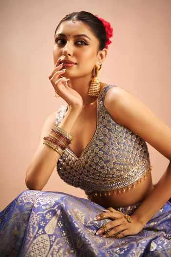 Samyukta Singhania Blue Brocade Sweetheart Neck Banarasi Woven Lehenga Set at Aza Fashions Samyukta Singhania_Blue Brocade Sweetheart Neck Banarasi Woven Lehenga Set _at_Aza_Fashions
