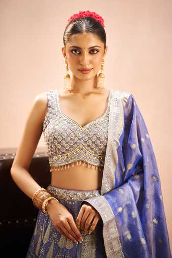 Buy Samyukta Singhania Blue Brocade Sweetheart Neck Banarasi Woven Lehenga Set Buy_Samyukta Singhania_Blue Brocade Sweetheart Neck Banarasi Woven Lehenga Set