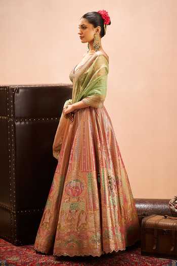 Shop_Samyukta Singhania_Peach Brocade V-neck Woven Banarasi Lehenga Set 