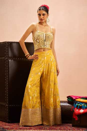Buy Samyukta Singhania Yellow Brocade Embroidery, Zari Square Neck Floral Woven Palazzo Set Online at Aza Fashions Buy_Samyukta Singhania_Yellow Brocade Embroidery, Zari Square Neck Floral Woven Palazzo Set _Online_at_Aza_Fashions