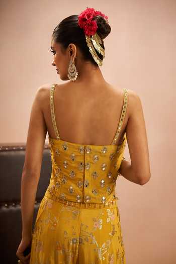 Shop Samyukta Singhania Yellow Brocade Embroidery, Zari Square Neck Floral Woven Palazzo Set Online at Aza Fashions Shop_Samyukta Singhania_Yellow Brocade Embroidery, Zari Square Neck Floral Woven Palazzo Set _Online_at_Aza_Fashions