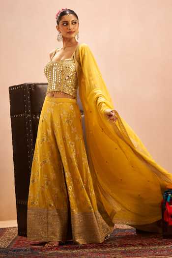 Samyukta Singhania Yellow Brocade Embroidery, Zari Square Neck Floral Woven Palazzo Set at Aza Fashions Samyukta Singhania_Yellow Brocade Embroidery, Zari Square Neck Floral Woven Palazzo Set _at_Aza_Fashions