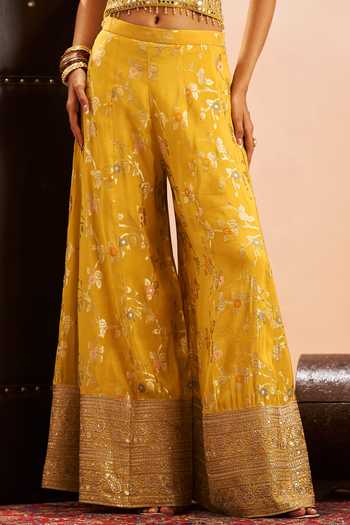 Shop Samyukta Singhania Yellow Brocade Embroidery, Zari Square Neck Floral Woven Palazzo Set Shop_Samyukta Singhania_Yellow Brocade Embroidery, Zari Square Neck Floral Woven Palazzo Set