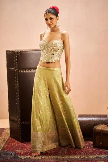 Shop Samyukta Singhania Green Brocade Embroidery, Mirrors Sweetheart Neck Blouse Palazzo Set Online at Aza Fashions Shop_Samyukta Singhania_Green Brocade Embroidery, Mirrors Sweetheart Neck Blouse Palazzo Set _Online_at_Aza_Fashions