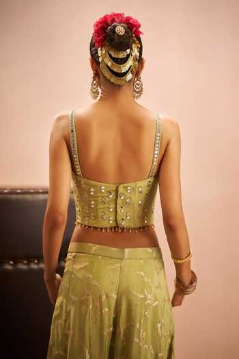 Samyukta Singhania Green Brocade Embroidery, Mirrors Sweetheart Neck Blouse Palazzo Set at Aza Fashions Samyukta Singhania_Green Brocade Embroidery, Mirrors Sweetheart Neck Blouse Palazzo Set _at_Aza_Fashions
