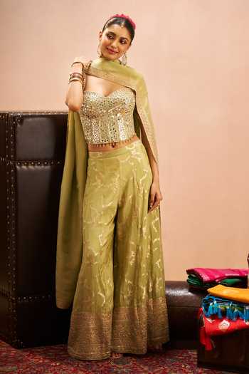 Buy Samyukta Singhania Green Brocade Embroidery, Mirrors Sweetheart Neck Blouse Palazzo Set Buy_Samyukta Singhania_Green Brocade Embroidery, Mirrors Sweetheart Neck Blouse Palazzo Set