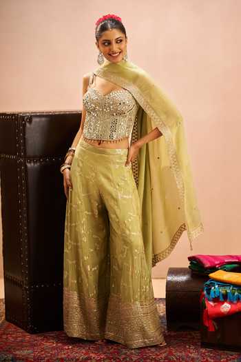 Shop Samyukta Singhania Green Brocade Embroidery, Mirrors Sweetheart Neck Blouse Palazzo Set Shop_Samyukta Singhania_Green Brocade Embroidery, Mirrors Sweetheart Neck Blouse Palazzo Set