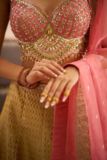 Shop_Samyukta Singhania_Gold Brocade Sweetheart Neck Hand Embroidered Blouse Lehenga Set _Online_at_Aza_Fashions