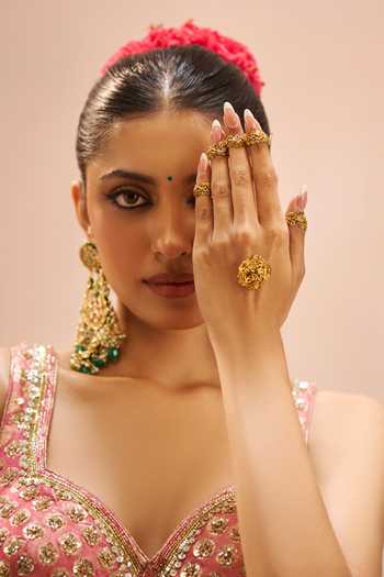 Shop_Samyukta Singhania_Gold Brocade Sweetheart Neck Hand Embroidered Blouse Lehenga Set 