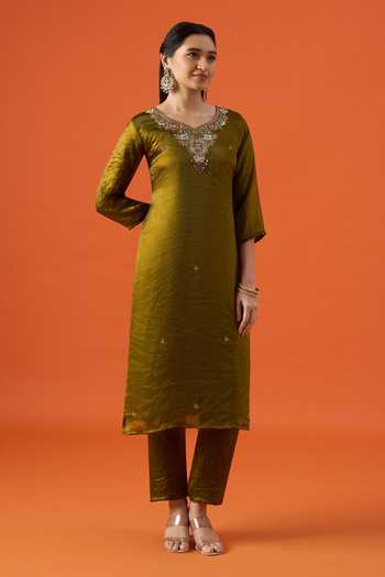 Buy Khwaab By Sanjana Lakhani Green Satin V-neck Floral Neckline Embroidered Kurta Set Online at Aza Fashions Buy_Khwaab By Sanjana Lakhani_Green Satin V-neck Floral Neckline Embroidered Kurta Set _Online_at_Aza_Fashions