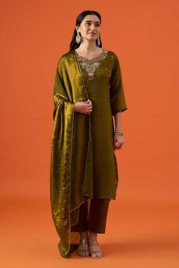 Shop Khwaab By Sanjana Lakhani Green Satin V-neck Floral Neckline Embroidered Kurta Set Online at Aza Fashions Shop_Khwaab By Sanjana Lakhani_Green Satin V-neck Floral Neckline Embroidered Kurta Set _Online_at_Aza_Fashions