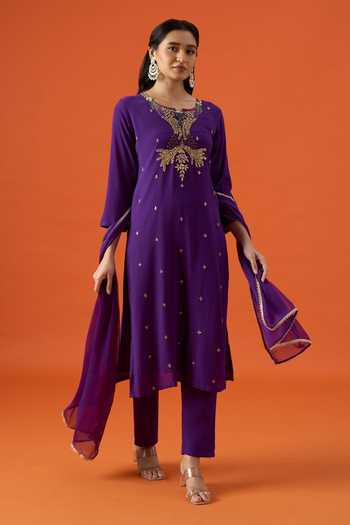 Shop Khwaab By Sanjana Lakhani Purple Silk, Satin Round Neck, Yes Embroidered Kurta Set Online at Aza Fashions Shop_Khwaab By Sanjana Lakhani_Purple Silk, Satin Round Neck, Yes Embroidered Kurta Set _Online_at_Aza_Fashions