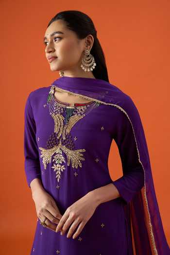 Khwaab By Sanjana Lakhani Purple Silk, Satin Round Neck, Yes Embroidered Kurta Set at Aza Fashions Khwaab By Sanjana Lakhani_Purple Silk, Satin Round Neck, Yes Embroidered Kurta Set _at_Aza_Fashions