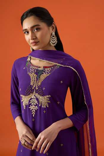 Buy Khwaab By Sanjana Lakhani Purple Silk, Satin Round Neck, Yes Embroidered Kurta Set Buy_Khwaab By Sanjana Lakhani_Purple Silk, Satin Round Neck, Yes Embroidered Kurta Set