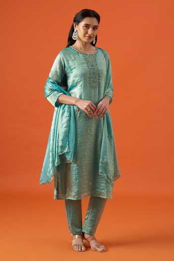 Khwaab By Sanjana Lakhani Green Satin Round Neck, Yes Hand Embroidered Kurta Set at Aza Fashions Khwaab By Sanjana Lakhani_Green Satin Round Neck, Yes Hand Embroidered Kurta Set _at_Aza_Fashions