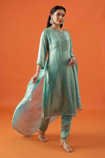 Buy Khwaab By Sanjana Lakhani Green Satin Round Neck, Yes Hand Embroidered Kurta Set Buy_Khwaab By Sanjana Lakhani_Green Satin Round Neck, Yes Hand Embroidered Kurta Set