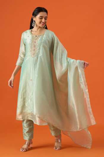 Shop Khwaab By Sanjana Lakhani Green Silk, Satin Round Neck, Yes Neckline Embroidered Kurta Set Shop_Khwaab By Sanjana Lakhani_Green Silk, Satin Round Neck, Yes Neckline Embroidered Kurta Set